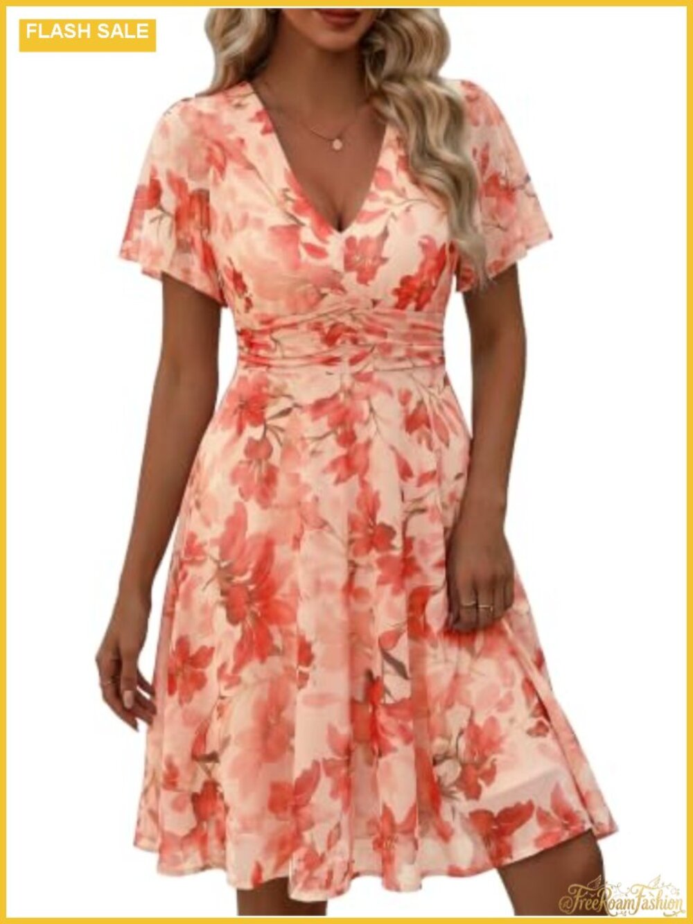 Women's V Neck Mesh Floral Midi Dress Wedding Guest